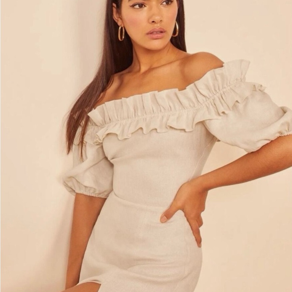 Reformation Off-Shoulder Beige Midi Dress - Picture 2 of 8